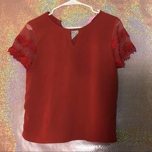 Red Orange Blouse with Lace Sleeve Detail